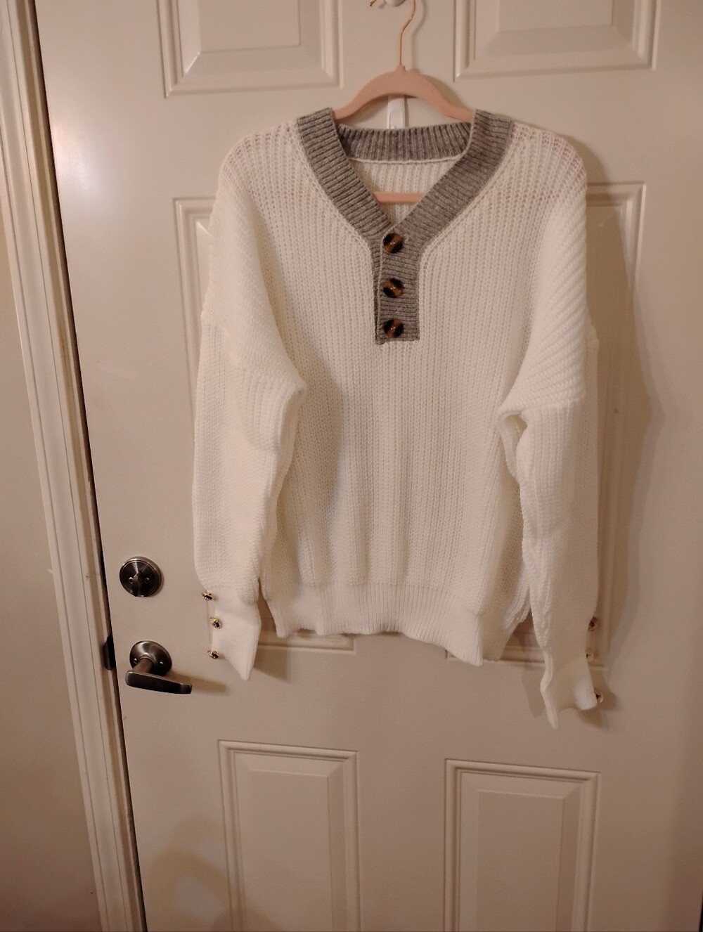 Women's Cream V-Neck Button-Front Knit Sweater with Gray Trim